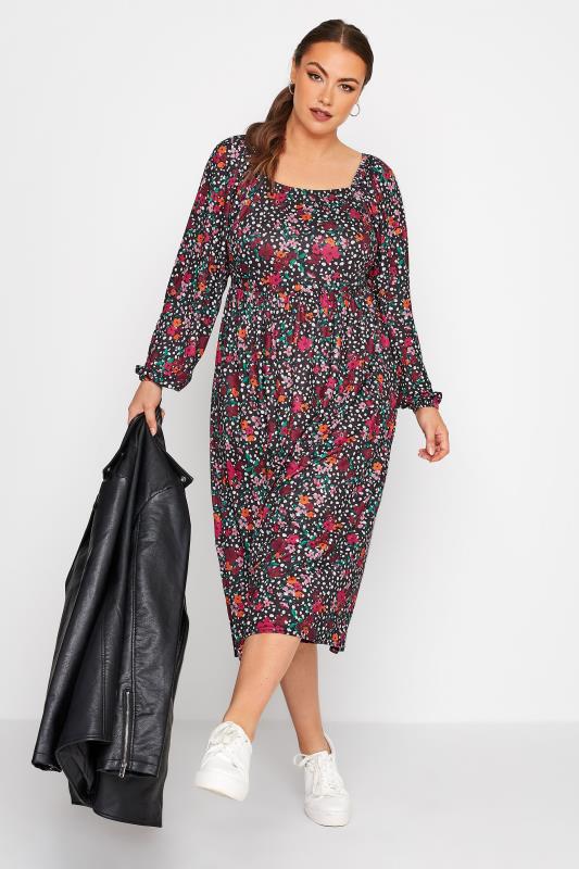 LIMITED COLLECTION Plus Size Black Floral Smock Dress | Yours Clothing  1