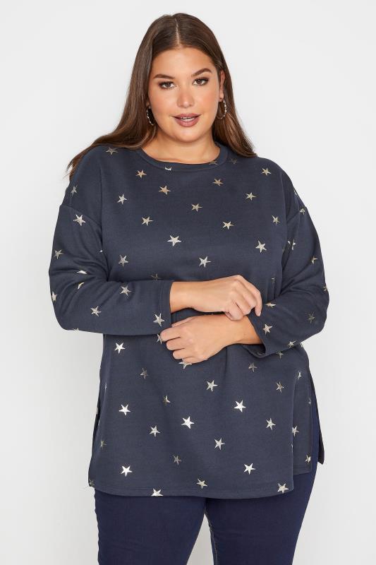 Plus Size  Curve Navy Blue Metallic Star Print Sweatshirt