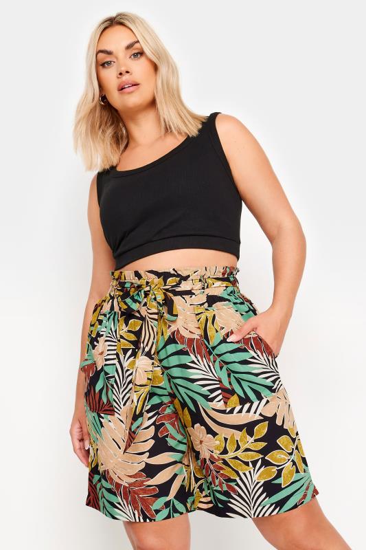  Tallas Grandes YOURS Curve Black Tropical Print Paperbag Shorts