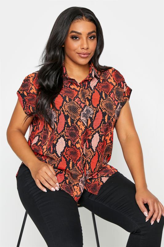 Plus Size  Curve Red Snake Print Pleat Front Shirt