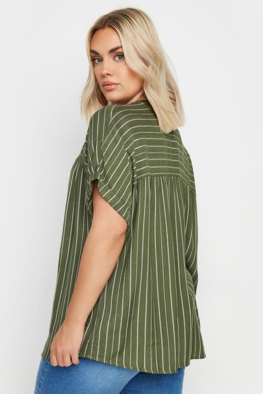 YOURS Plus Size Khaki Green Stripe Notch Neck Blouse | Yours Clothing 3