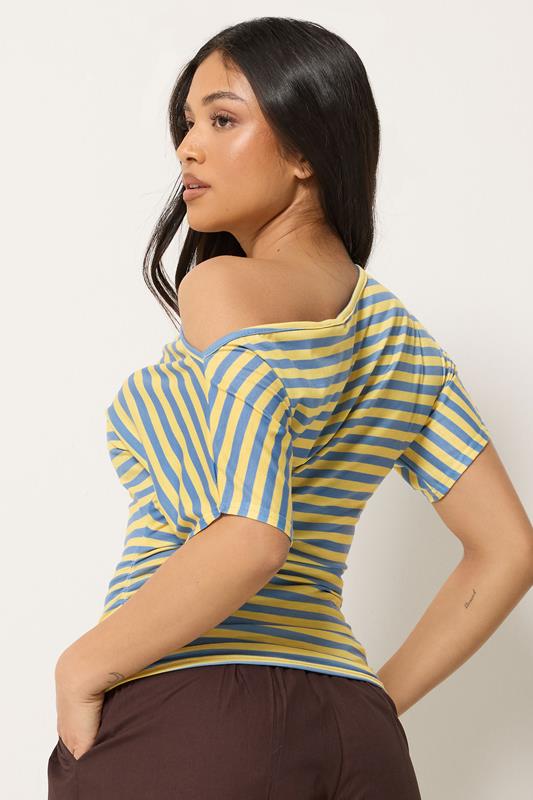 PixieGirl Petite Women's Blue & Yellow Stripe Slash Neck Ruched T-Shirt | PixieGirl  2