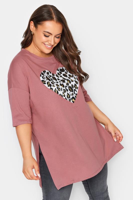 Plus Size  YOURS Curve Pink Leopard Print Heart Oversized T-Shirt