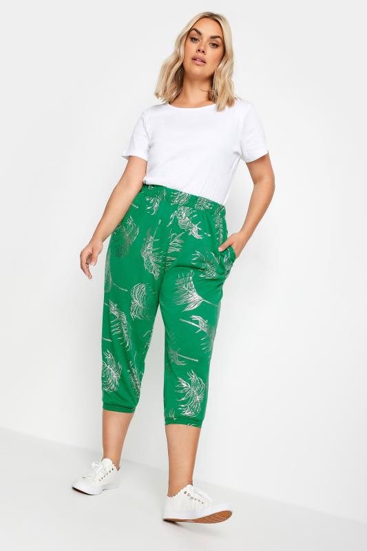 YOURS Plus Size Green Leaf Print Cropped Harem Joggers | Yours Clothing 2