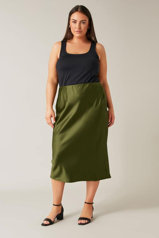 EVANS Plus Size Khaki Green Midi Satin Skirt | Evans  2
