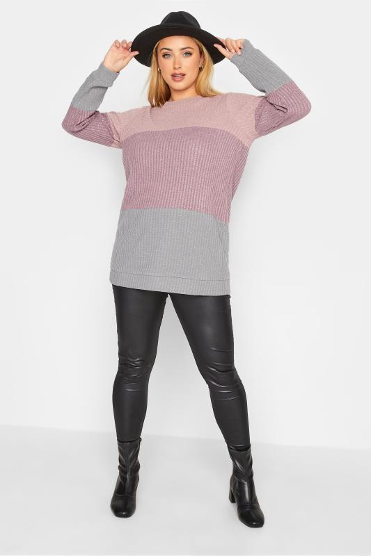 YOURS LUXURY Plus Size Womens Pink & Grey Colourblock Soft Touch Metallic Jumper | Yours Clothing  3