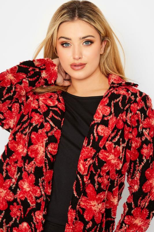 YOURS LUXURY Plus Size Red Floral Print Fleece Jacket | Yours Clothing 1