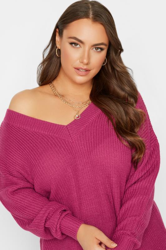 Plus Size Pink V-Neck Knitted Jumper | Yours Clothing 4