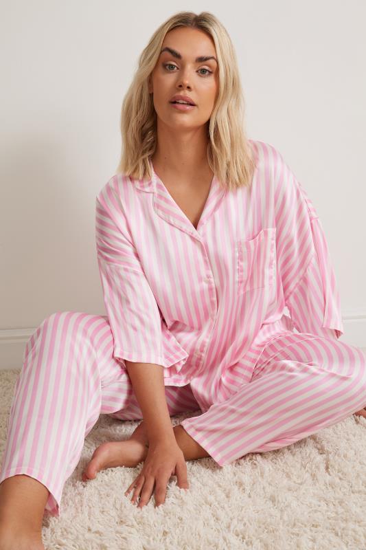  Tallas Grandes YOURS Curve Pink Stripe Satin Pyjama Set
