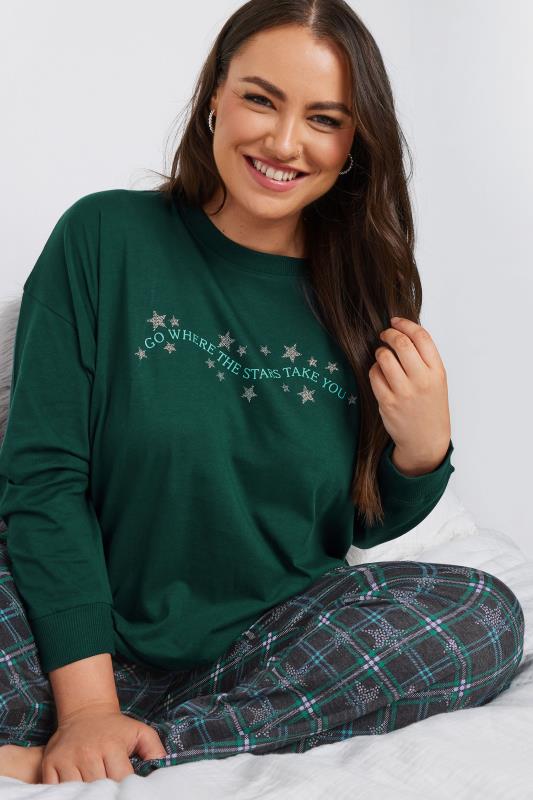 YOURS Plus Size Green Star Print Wide Leg Pyjama Set | Yours Clothing 4