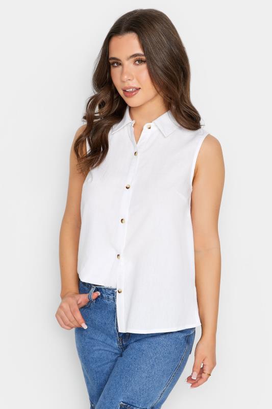 Petite White Linen Blend Sleeveless Shirt | PixieGirl 1
