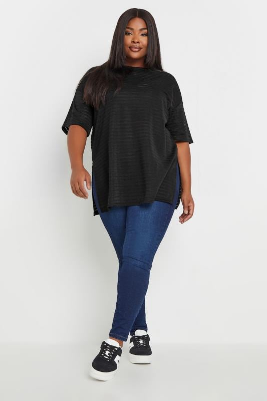 YOURS Plus Size Black Mesh Short Sleeve Stripe Top Yours Clothing