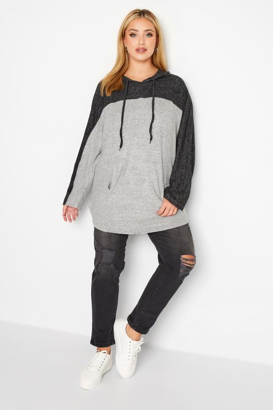 Plus Size Grey Colour Block Soft Touch Hoodie | Yours Clothing  2