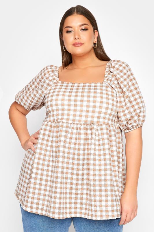 LIMITED COLLECTION Curve White & Brown Gingham Square Neck Smock Top 1