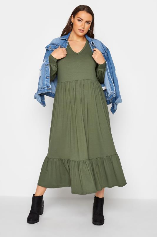LIMITED COLLECTION Curve Khaki Green Smock Maxi Dress 2