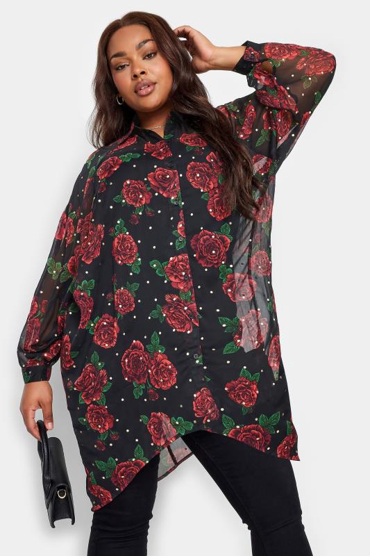 Plus Size  YOURS Curve Black Rose Print Dipped Back Shirt
