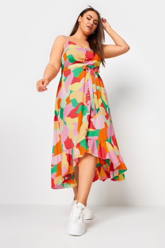 YOURS Curve Pink Abstract Print Frill Hem Midi Dress | Yours Clothing 2