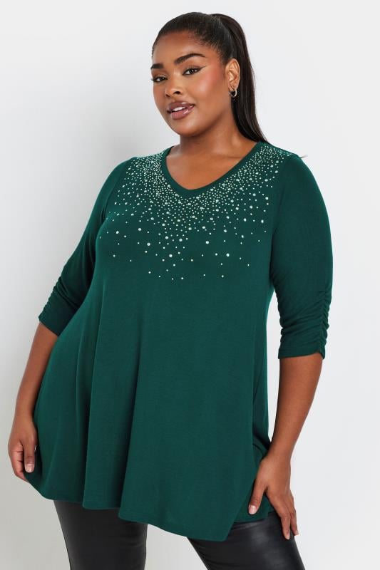 Plus Size  YOURS Curve Forest Green Diamante Stud Swing Top