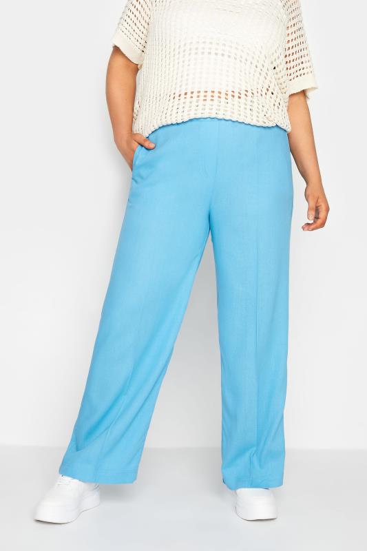 YOURS Plus Size Blue Linen Blend Wide Leg Trousers | Yours Clothing  1