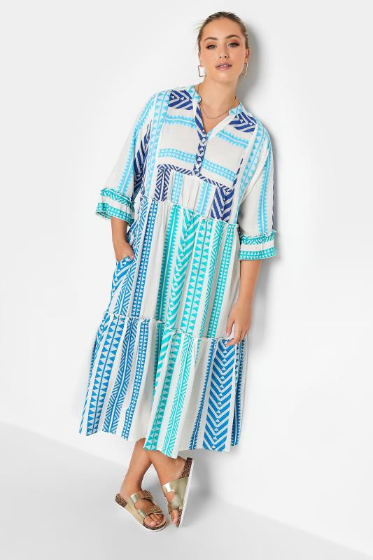 LIMITED COLLECTION Plus Size White & Blue Aztec Print Smock Midi Dress ...
