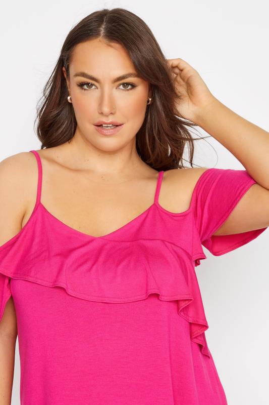 Plus Size Hot Pink Frill Cold Shoulder Top | Yours Clothing 4