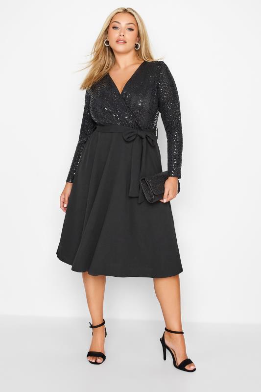 YOURS LONDON Curve Black Sequin Wrap Skater Dress | Yours Clothing 1