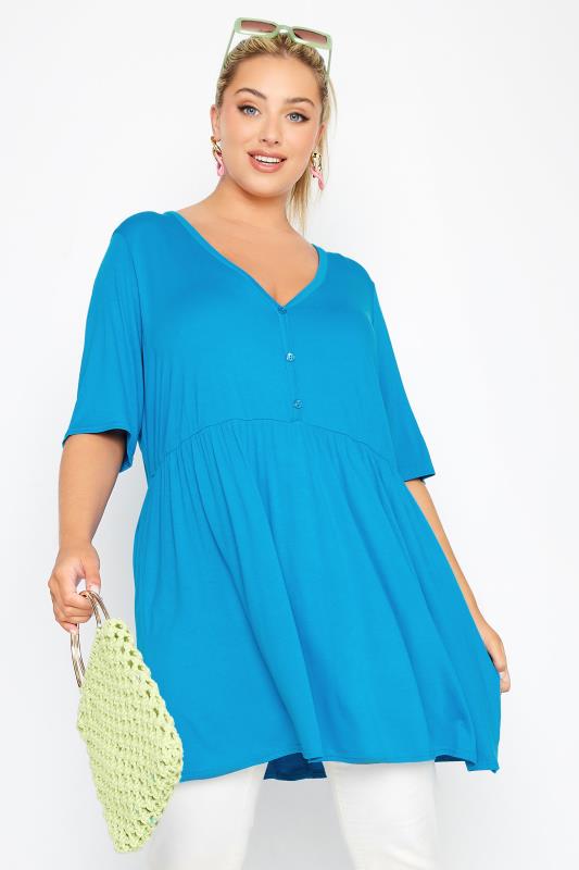 LIMITED COLLECTION Curve Blue Button Through Smock Tunic Top 1