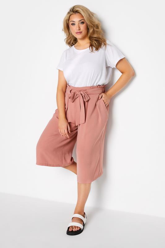 Plus Size Pink Paperbag Twill Culottes | Yours Clothing 2