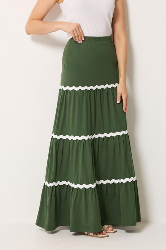 LTS Tall Women's Khaki Green Contrast Swirl Cotton Maxi Skirt | Long Tall Sally 1