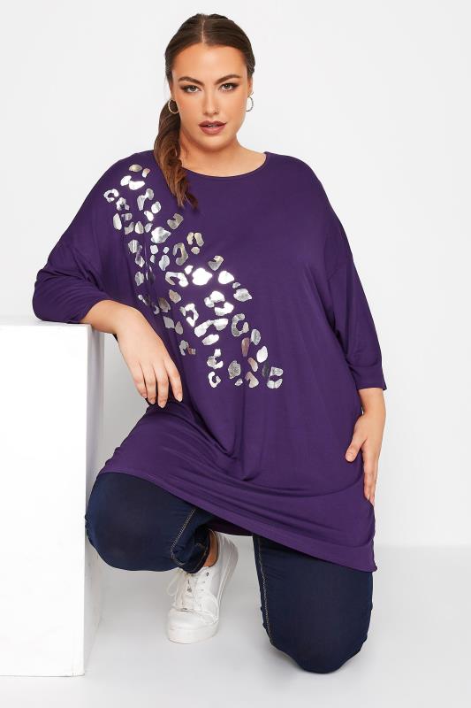 Plus Size LIMITED COLLECTION Purple Foil Leopard Print Oversized T-Shirt | Yours Clothing  1