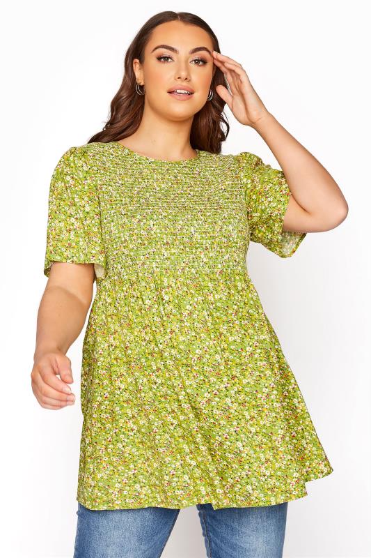 Lime Green Ditsy Floral Shirred Peplum Top | Yours Clothing