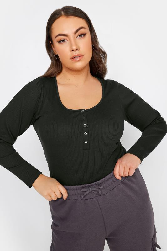 YOURS Plus Size Black Ribbed Popper Fastening Top | Yours Clothing 1