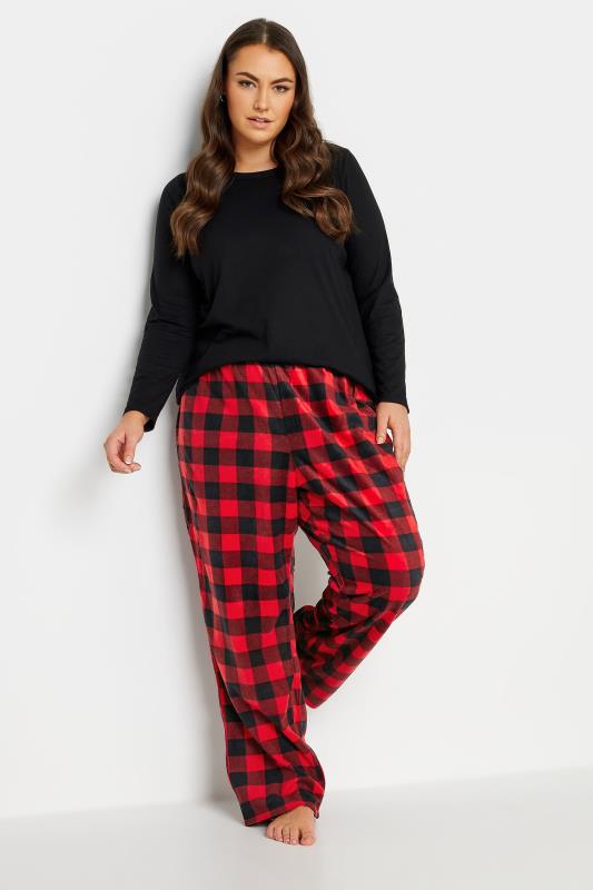 YOURS Curve Plus Size Red Tartan Print Fleece Pyjama Bottoms