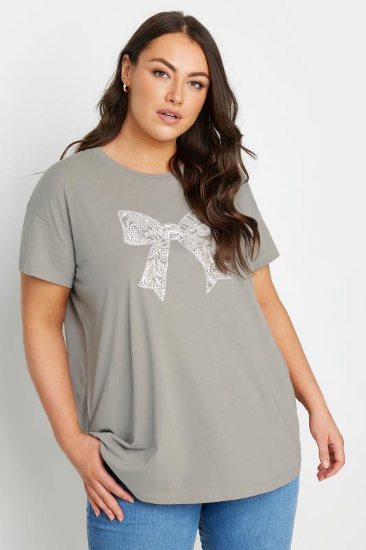 YOURS Plus Size Grey Diamante Bow Print T-Shirt | Yours Clothing  1