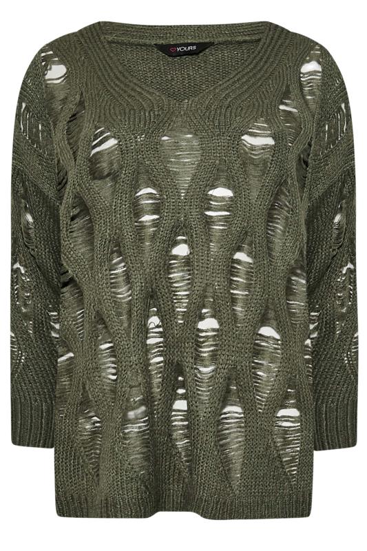 Plus Size Khaki Green Distressed V-Neck Knitted Jumper | Yours Clothing 6