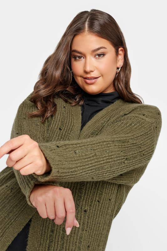 YOURS Plus Size Khaki Green Distressed Knit Cardigan | Yours Clothing 4