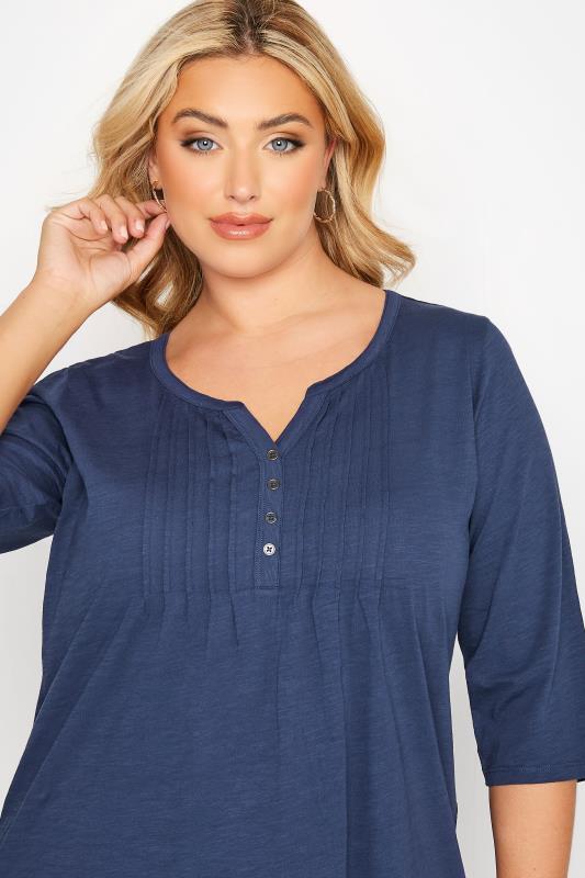 YOURS Curve Plus Size Denim Blue Pintuck Henley T-Shirt | Yours Clothing  4