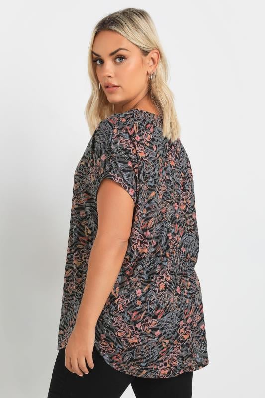 YOURS Plus Size Grey Floral Print Notch Neck Top | Yours Clothing  3