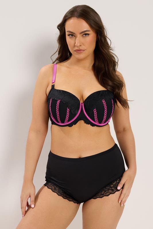 YOURS Plus Size Black & Pink Ribbon Underwired Padded Bra  |Yours Clothing 1