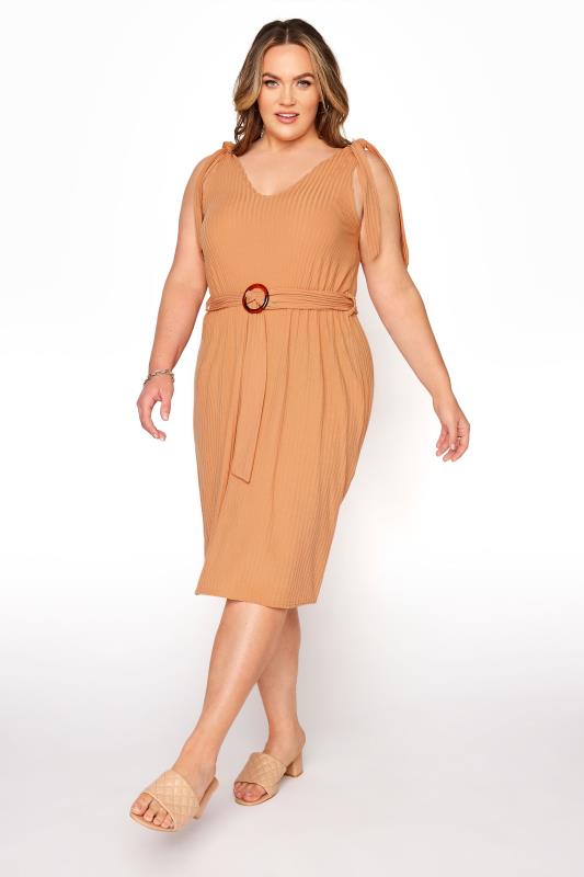 Plus Size  YOURS LONDON Curve Tan Brown Rib Belted Bow Shoulder Dress