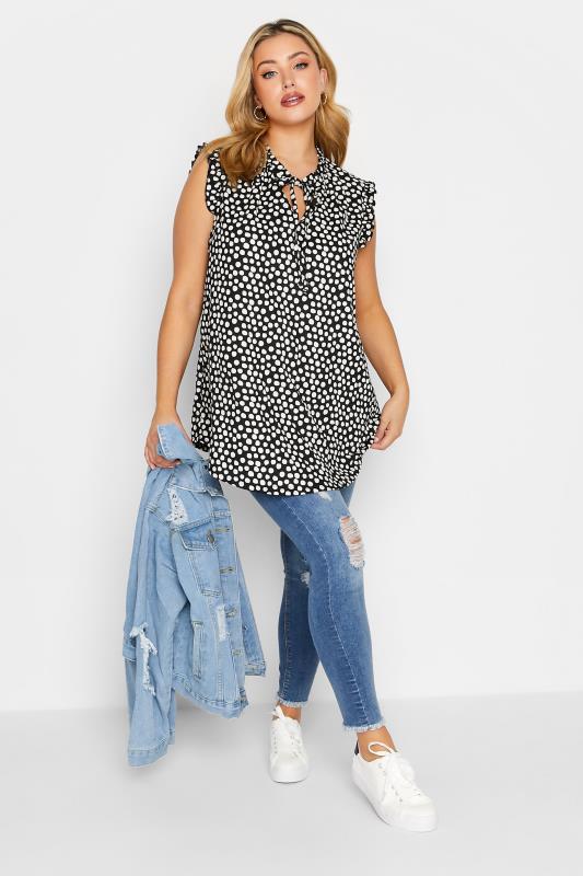 YOURS Plus Size Black Polka Dot Print Frill Sleeve Blouse | Yours Clothing 2