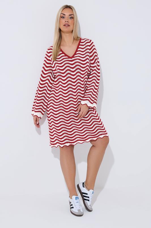 LIMITED COLLECTION Plus Size Red Stripe Crochet Knitted Dress | Yours Clothing 1