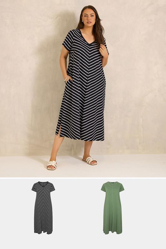  EVANS Curve 2 Pack Black & Khaki Green Cotton Dresses