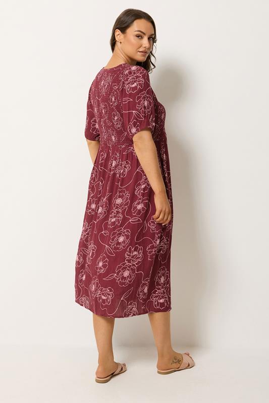 YOURS Plus Size Red Floral Swirl Puff Sleeve Shirred Dress  | Yours Clothing 2