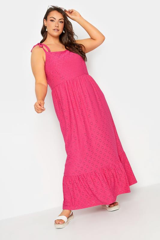 Plus Size  YOURS Curve Hot Pink Broderie Anglaise Maxi Dress