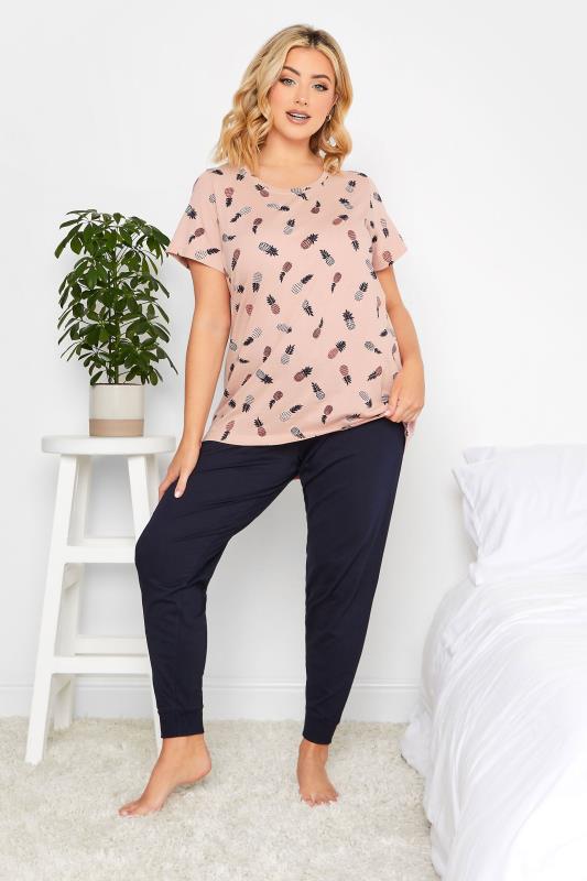 YOURS Plus Size Pink Pineapple Print Cuffed Pyjama Set | Yours Clothing 1