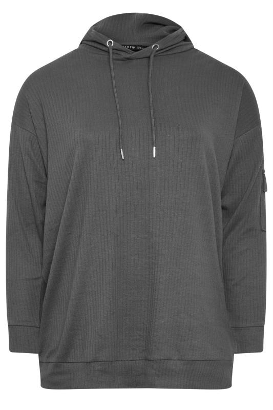 YOURS Plus Size Charcoal Grey Ribbed Cargo Hoodie | Yours Clothing 5