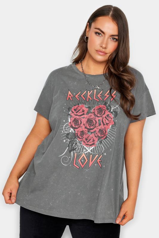 Plus Size  YOURS Curve Black 'Reckless Love' Slogan T-Shirt
