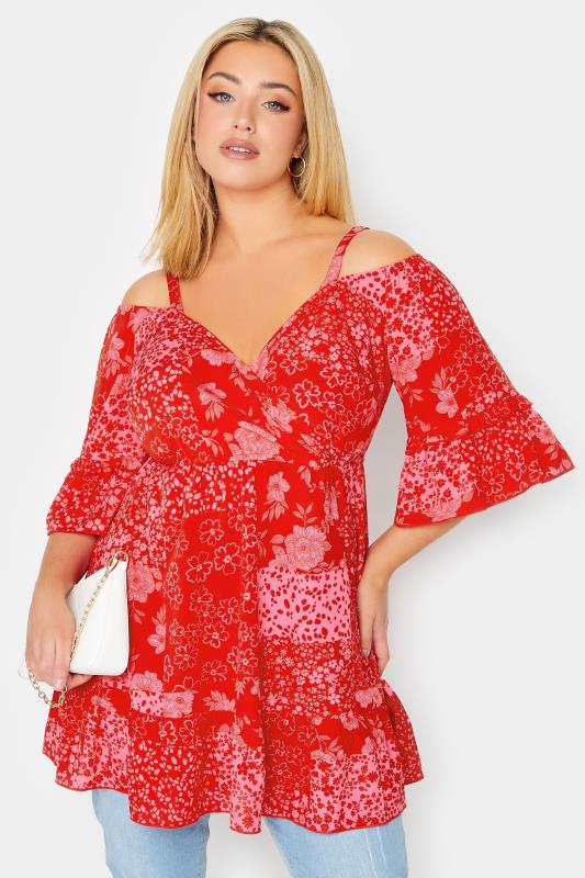Plus Size Red Mixed Print Cold Shoulder Top | Yours Clothing  2