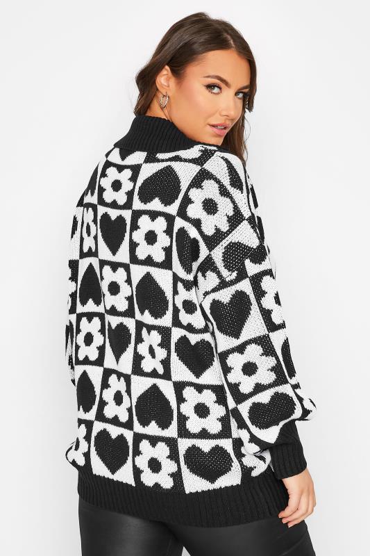 Plus Size White & Black Floral Heart Print Knitted Jumper | Yours Clothing 3